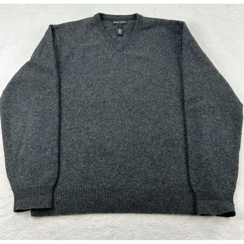 GRAYSON & DUNN 100% Lambs Wool Sweater Men M‎ Gray V Neck Grandpa Core Comfy